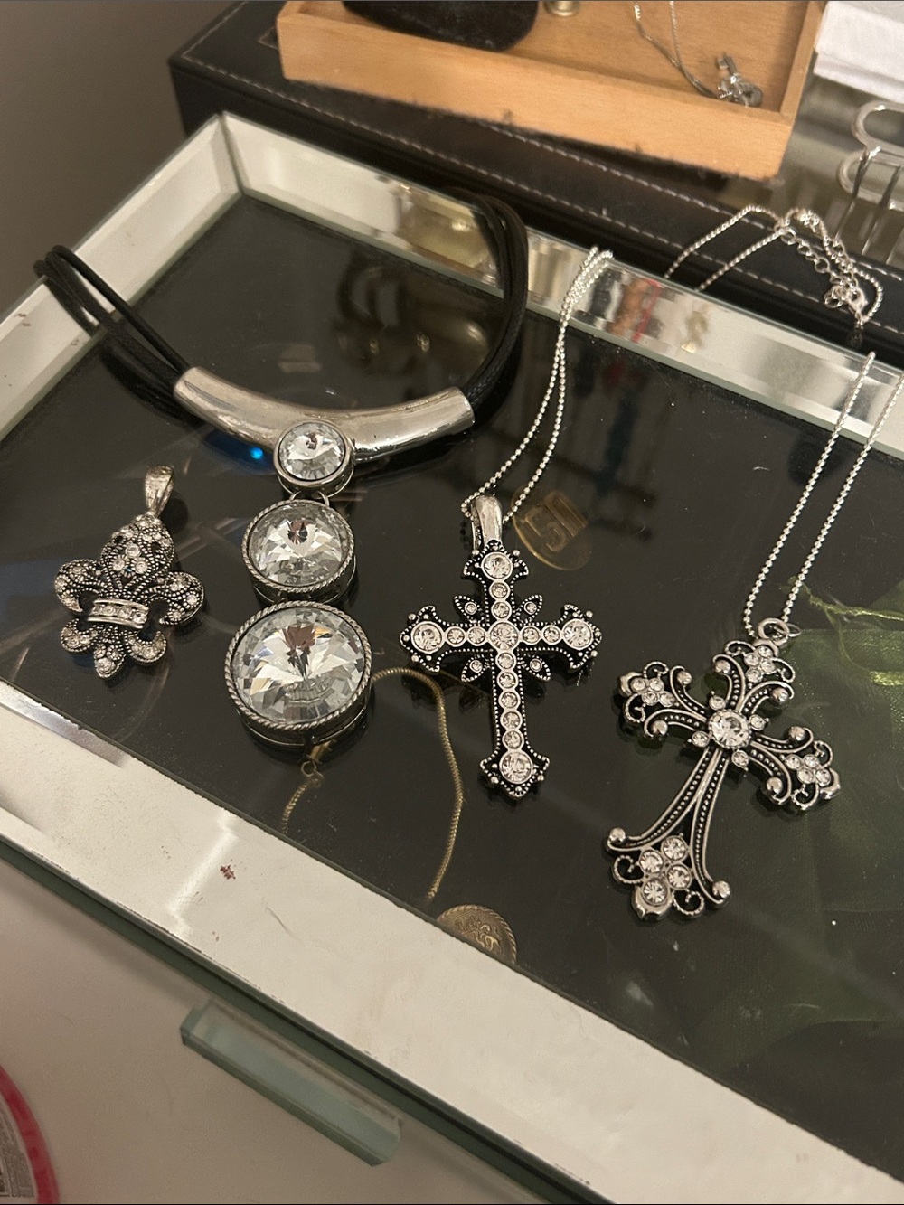 Silver-tone Crystal Cross & Fleur Pendant Necklace Set - Clear Rhinestones - Picture 2 of 6